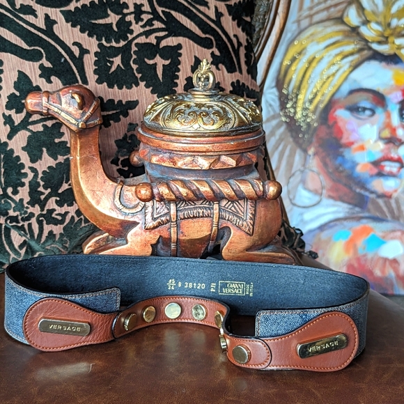 🚨SUPER RARE🚨1980s💯💎VERSACE💎✨💎2PC LEATHER & GOLDPLATE CONVERTIBLE BELT - Picture 6 of 8